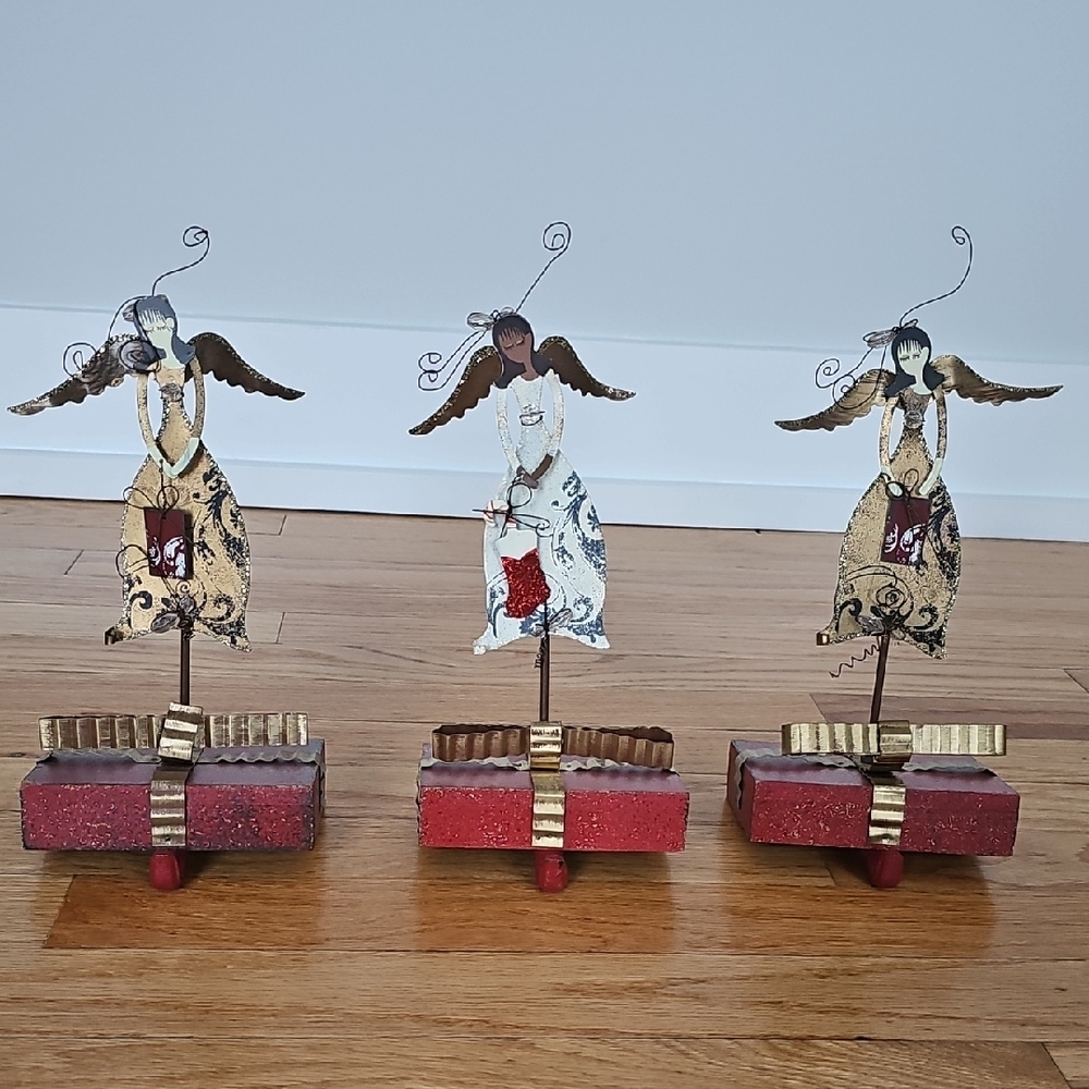 Set of Three Angel Figurines on Red Bases